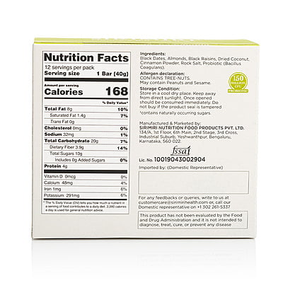 Probiotic Vegan Dates Bar - Cinnamon Raisin - Pack of 6 ( Each 40g)