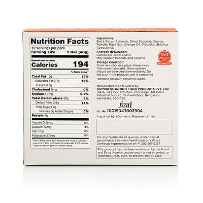 Probiotic Vegan Dates Bar - Almond & Tangerine - Pack of 6 ( Each 40g)